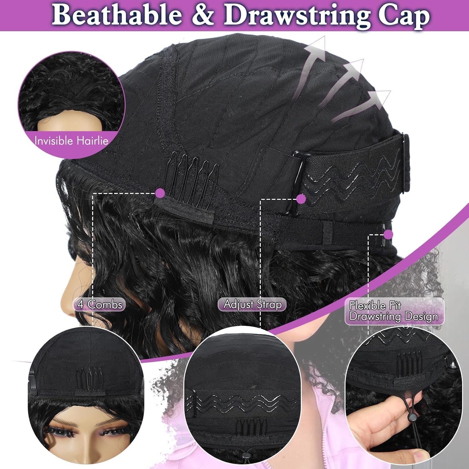 Synthetic Half Wig Body Wave 24 Inch Glueless Flip Over Black Wavy Hair