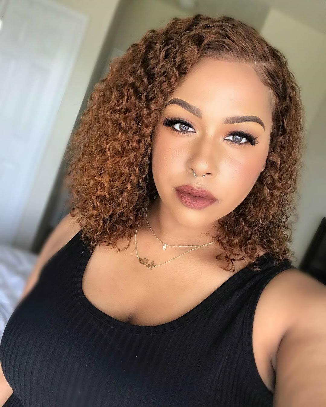 13×4 Water Wave Lace Front Human Hair Wigs Deep Curly Short Bob Wig Brown 130%