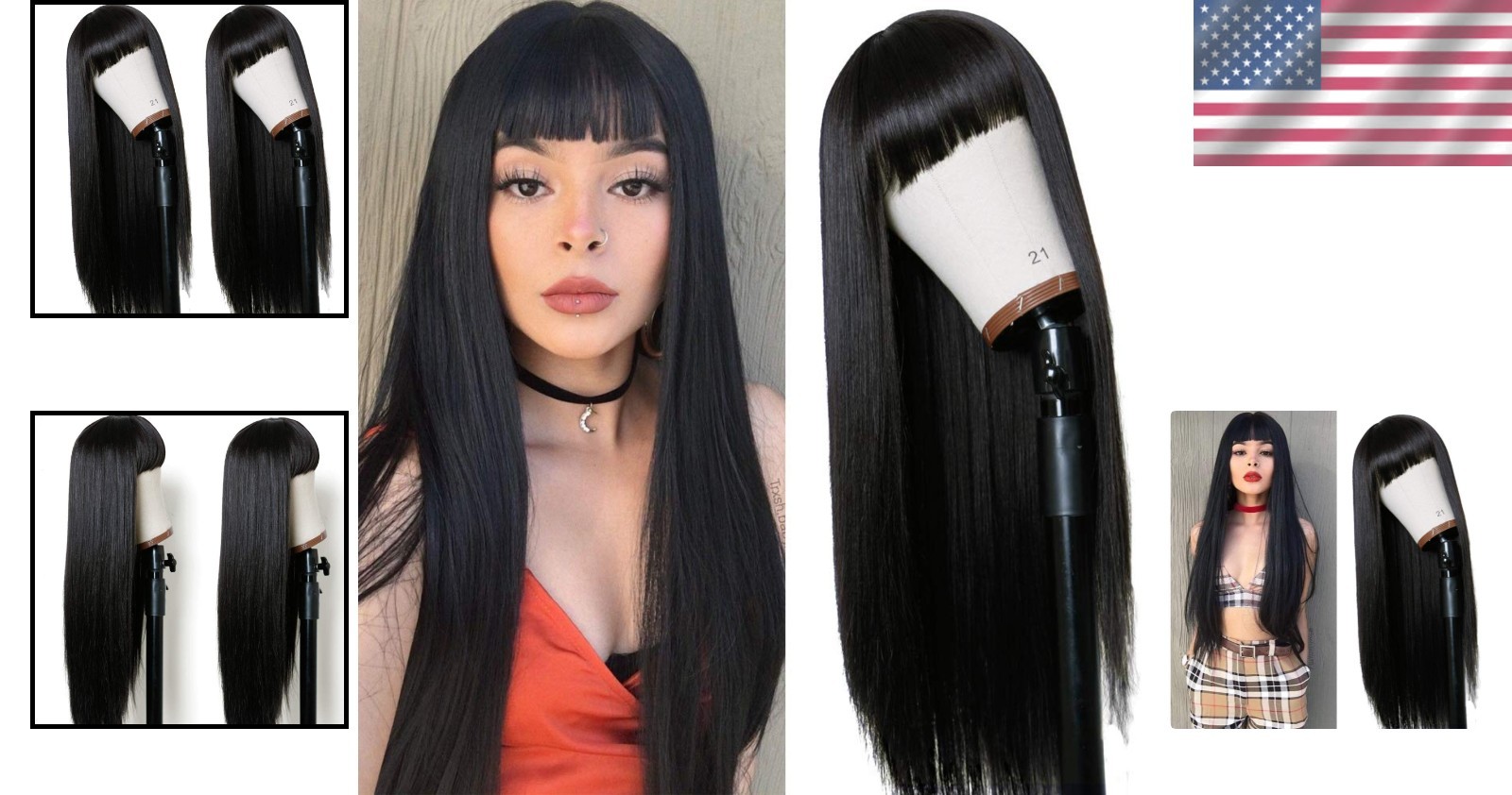 Full Machine-Made 24-Inch Natural Black Wig with Bangs – Versatile & Comfortable