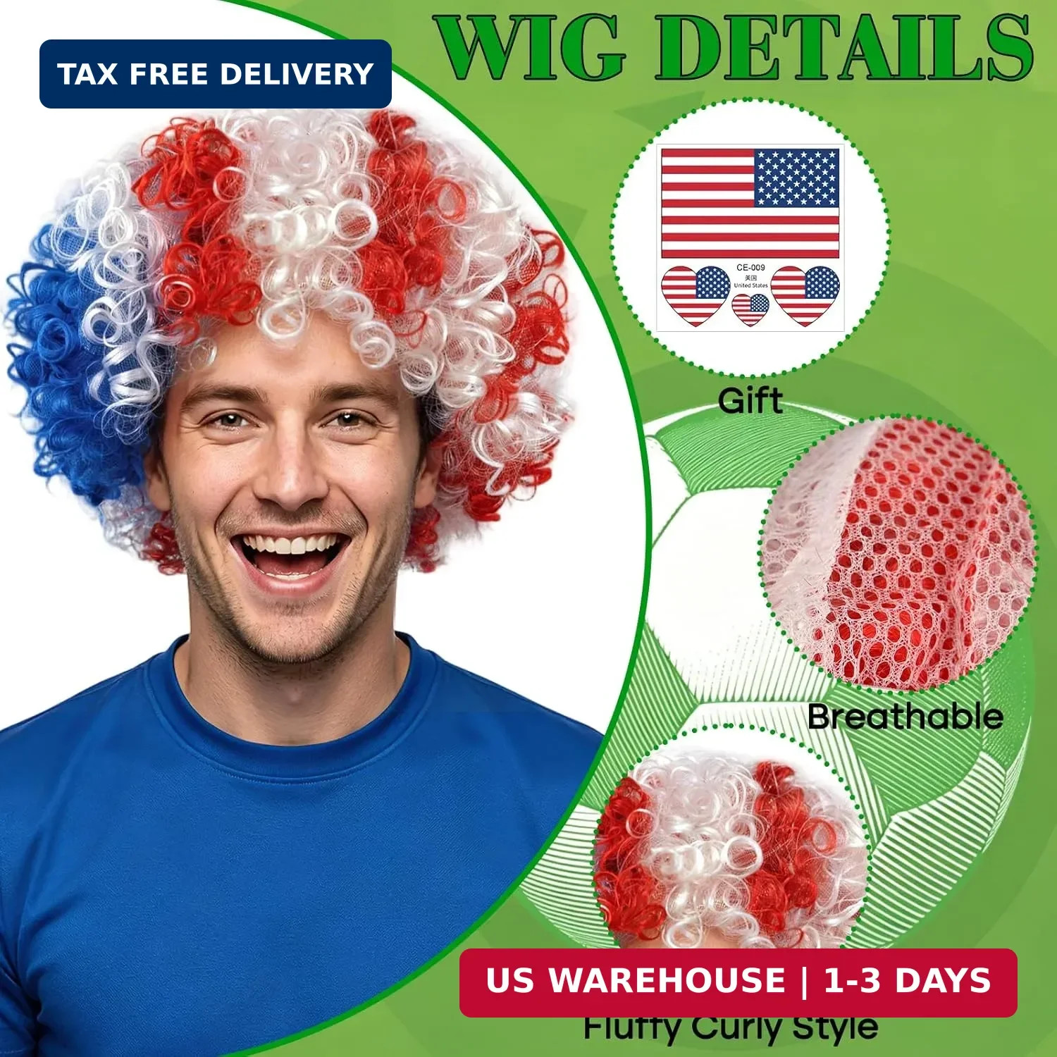 MEEZY American Flag Colored Afro Wig for Men Women 2026 World Soccer Championshi