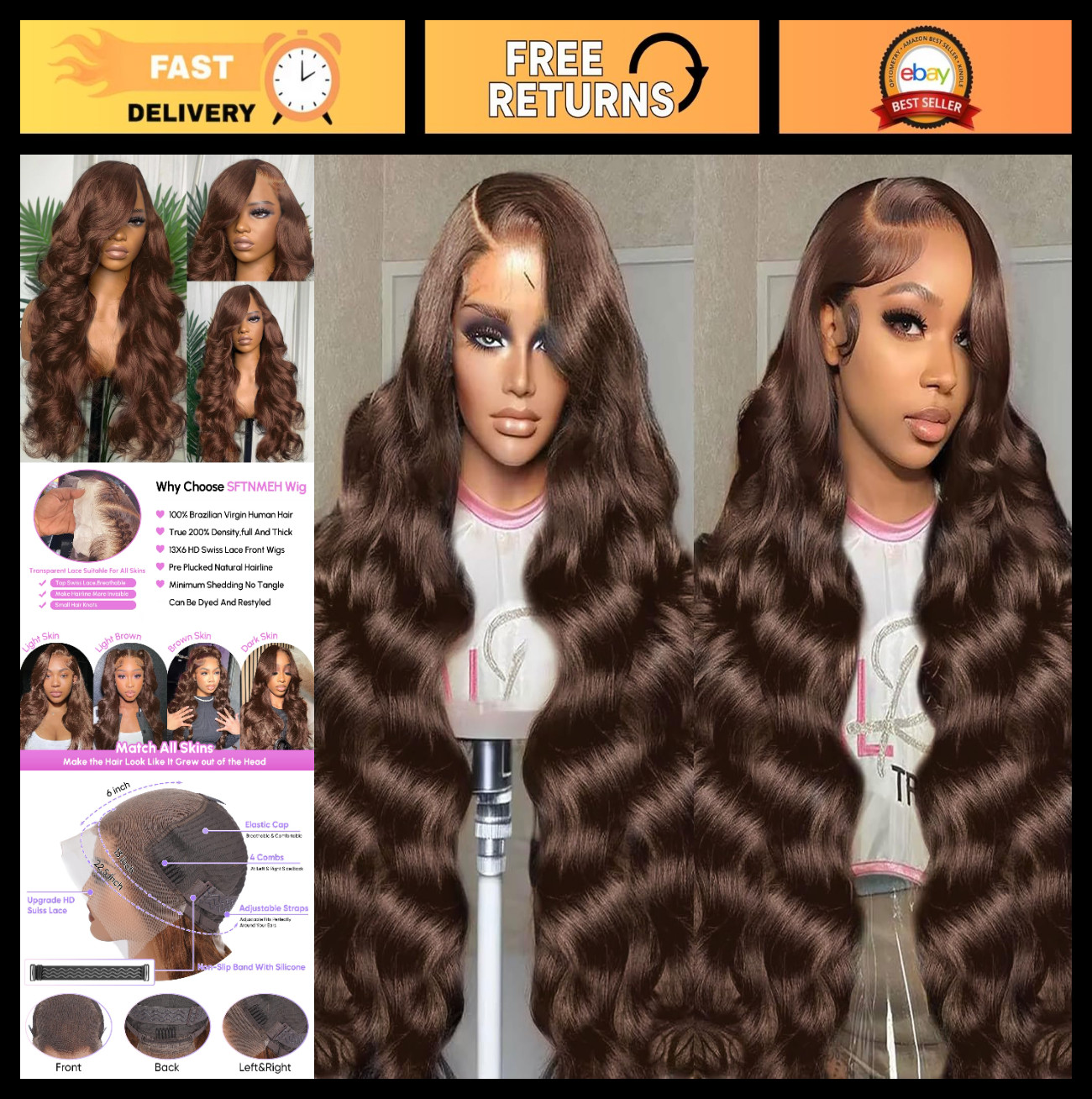 30″ Chocolate Brown Body Wave Lace Front Wig 200 Density HD Human Hair, Pre-Pluc