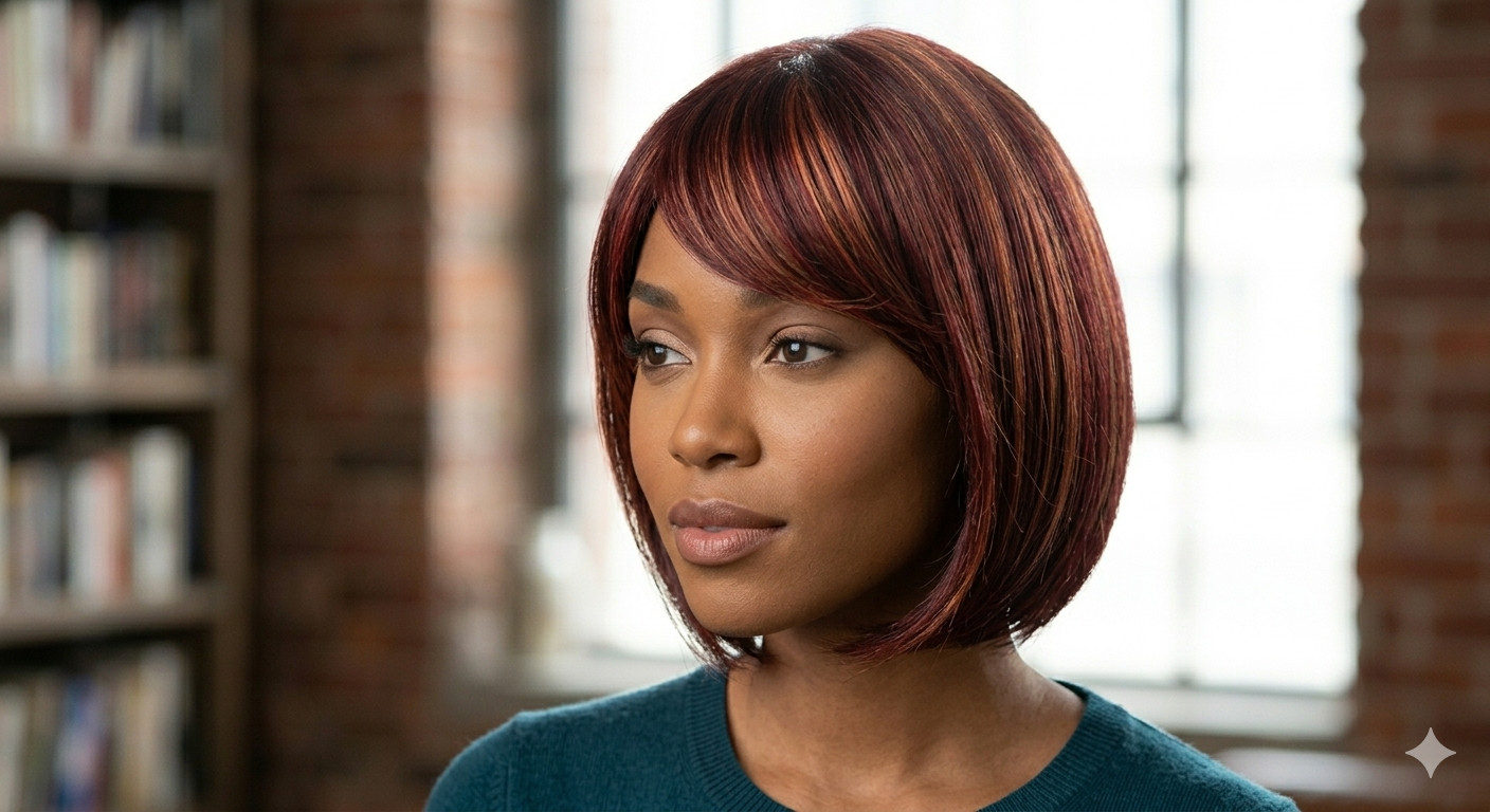 RENERSHOW Short Burgundy Highlight Bob Wig bangs red pixie women synthetic daily