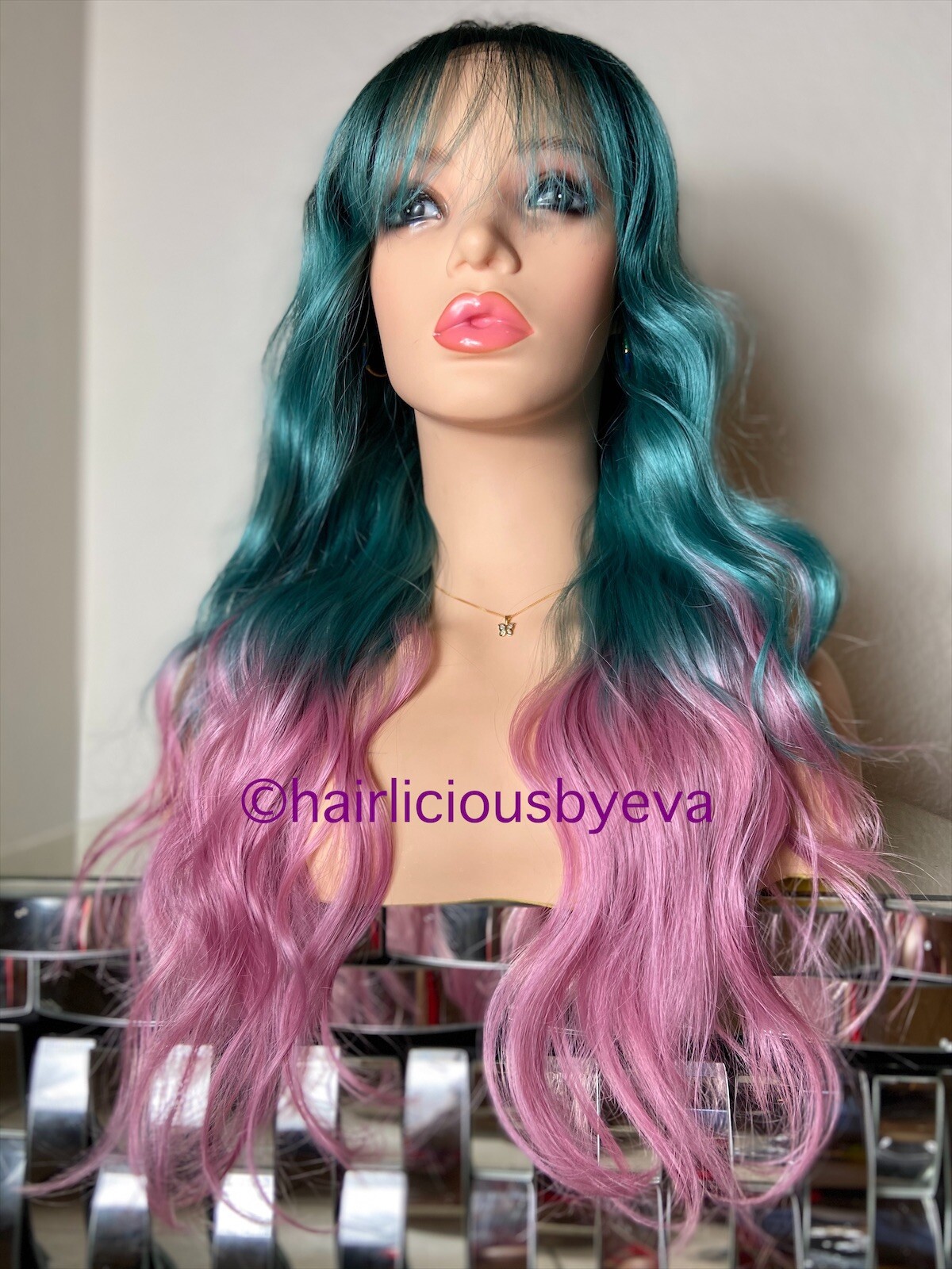 Pastel Rainbow Wig Ombré Green Pink Dark Roots Lace Front 24” Long Wavy Layere