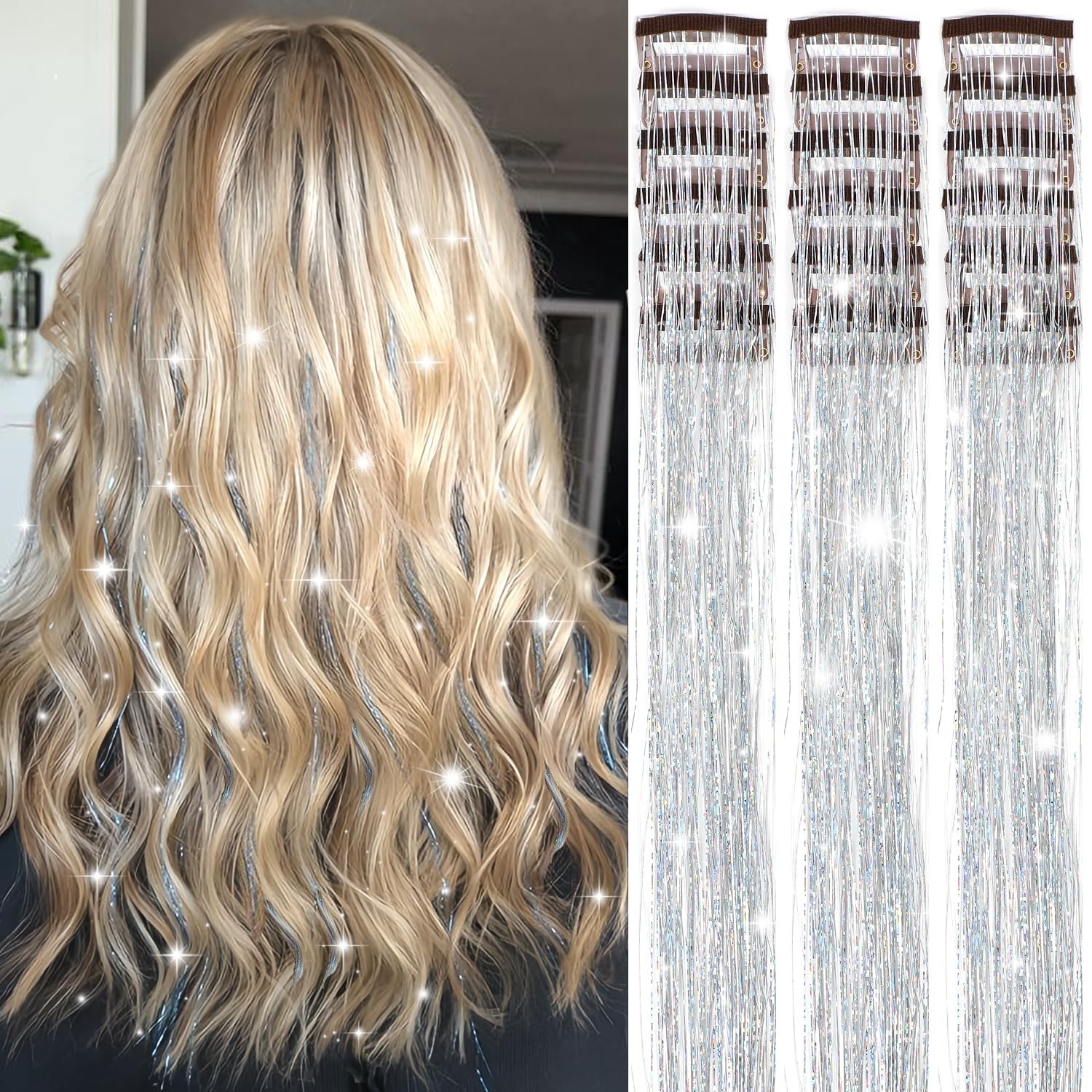 Obinying Hair Tinsel Pack of 18 Pcs Hair Tinsel Clip in 20.5 Inch Glitter Tin…