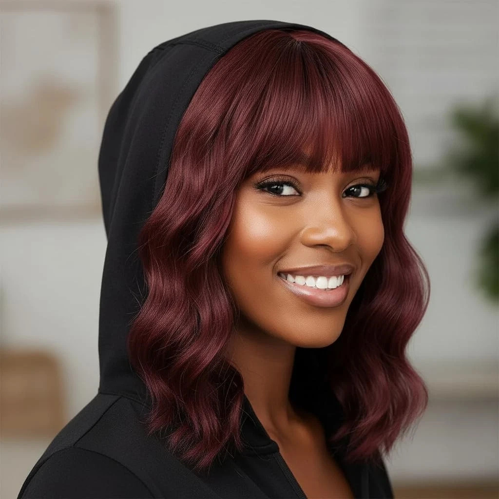 Short Red BOB Wave Wigs with Bang Shoulder Length Synthetic Hair for Women