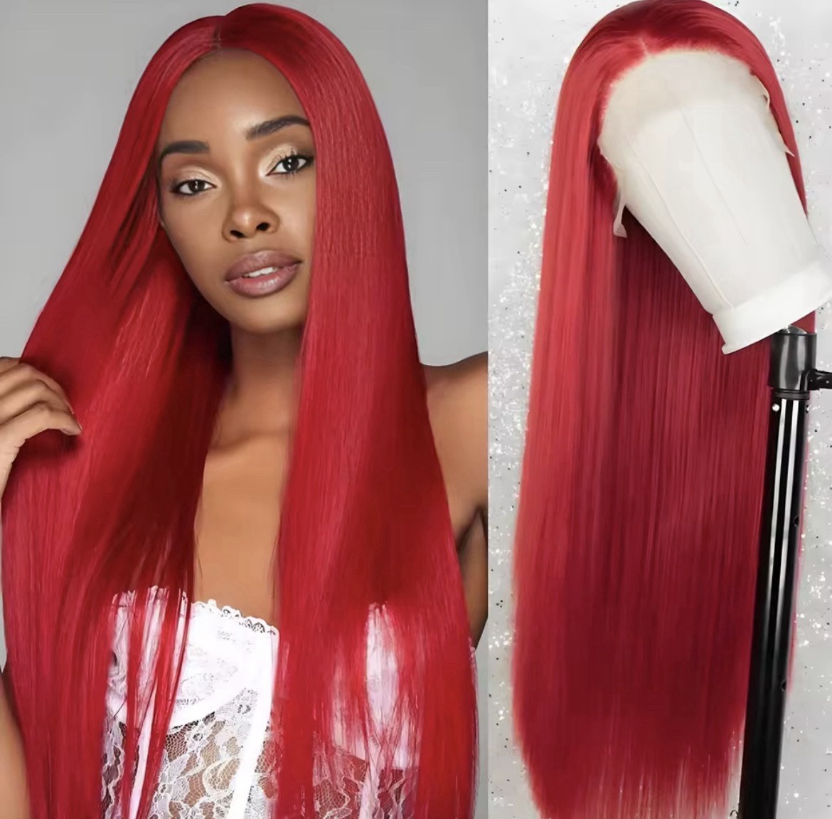 Glueless Lace Front Wig Straight Red Middle Part Pre-Plucked Bleached Knots