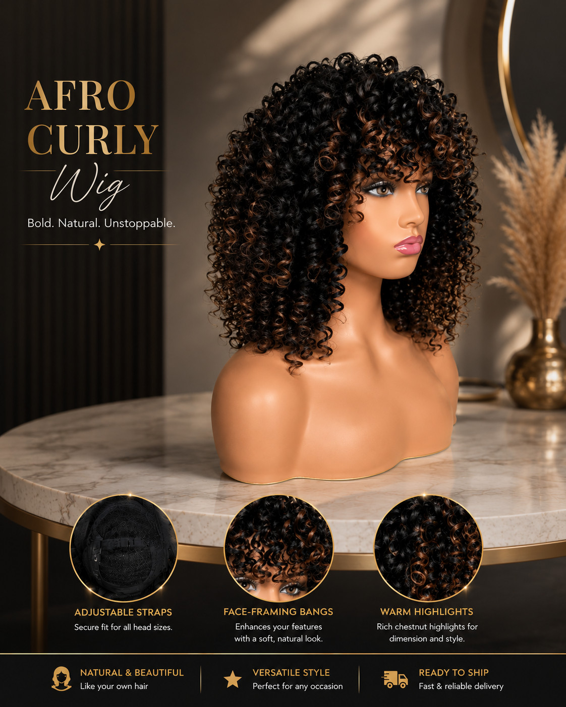 Afro Curly Wig with Bangs Black Brown Highlighted Synthetic Hair Women