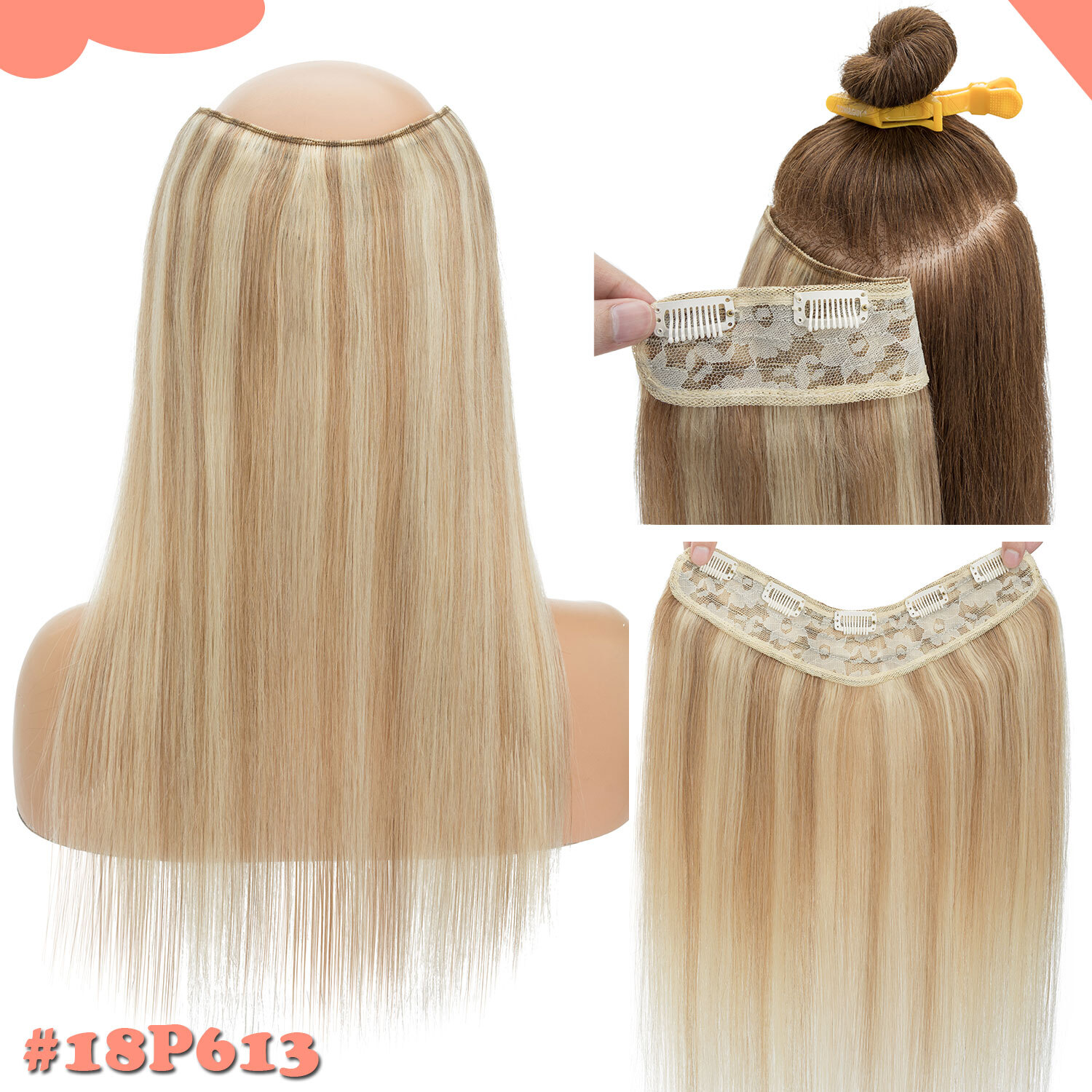 V-Shape Real Remy Human Hair Extensions One Piece Clip In 3/4Full Head Highlight
