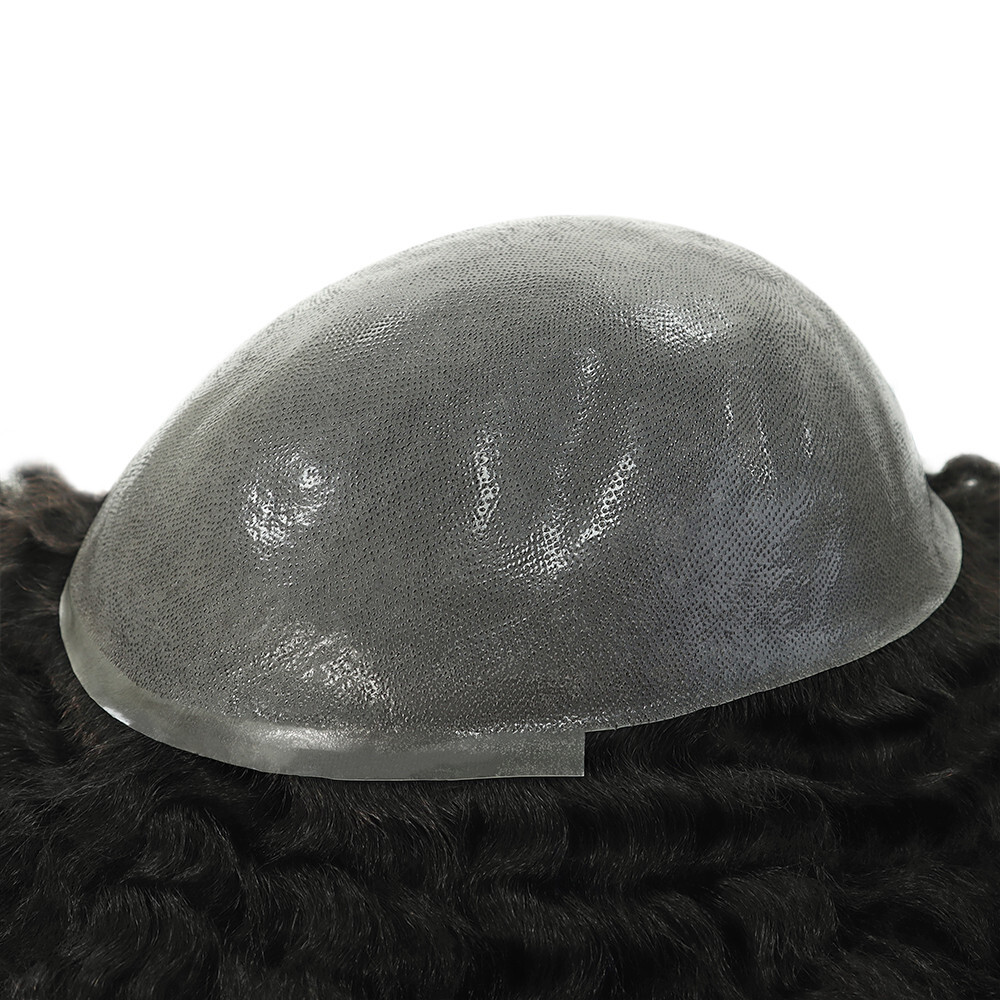 Afro Curl Poly Skin Toupee Mens Human Hair System Curly Hair Pieces 12mm #1B