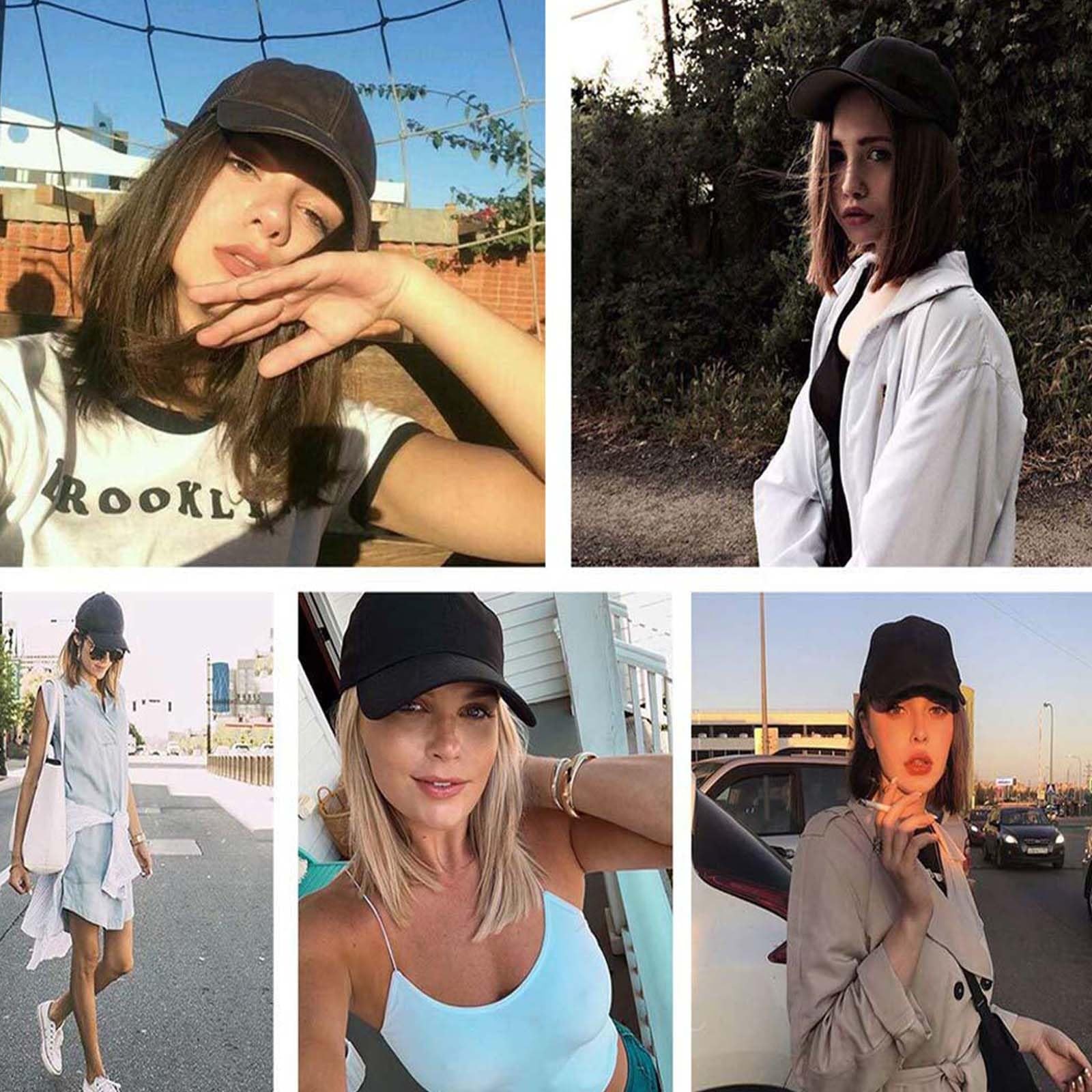 Woman Baseball Cap with Hair Extensions Straight Short Bob Hairstyle Adjustab…