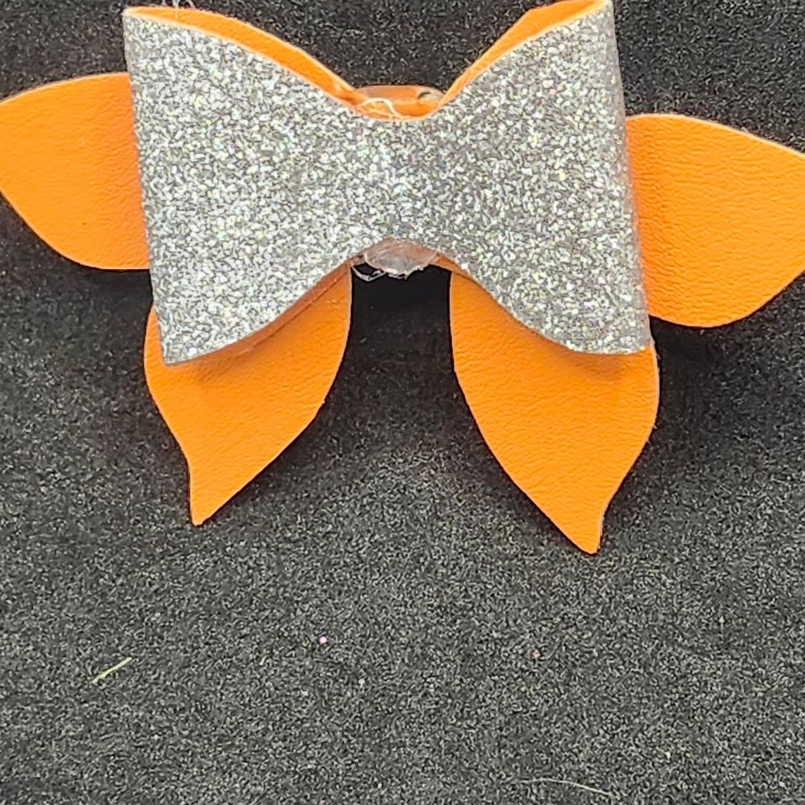 Hand Crafted Sparkling Silver and Orange Kids Hair Bow Faux Leather