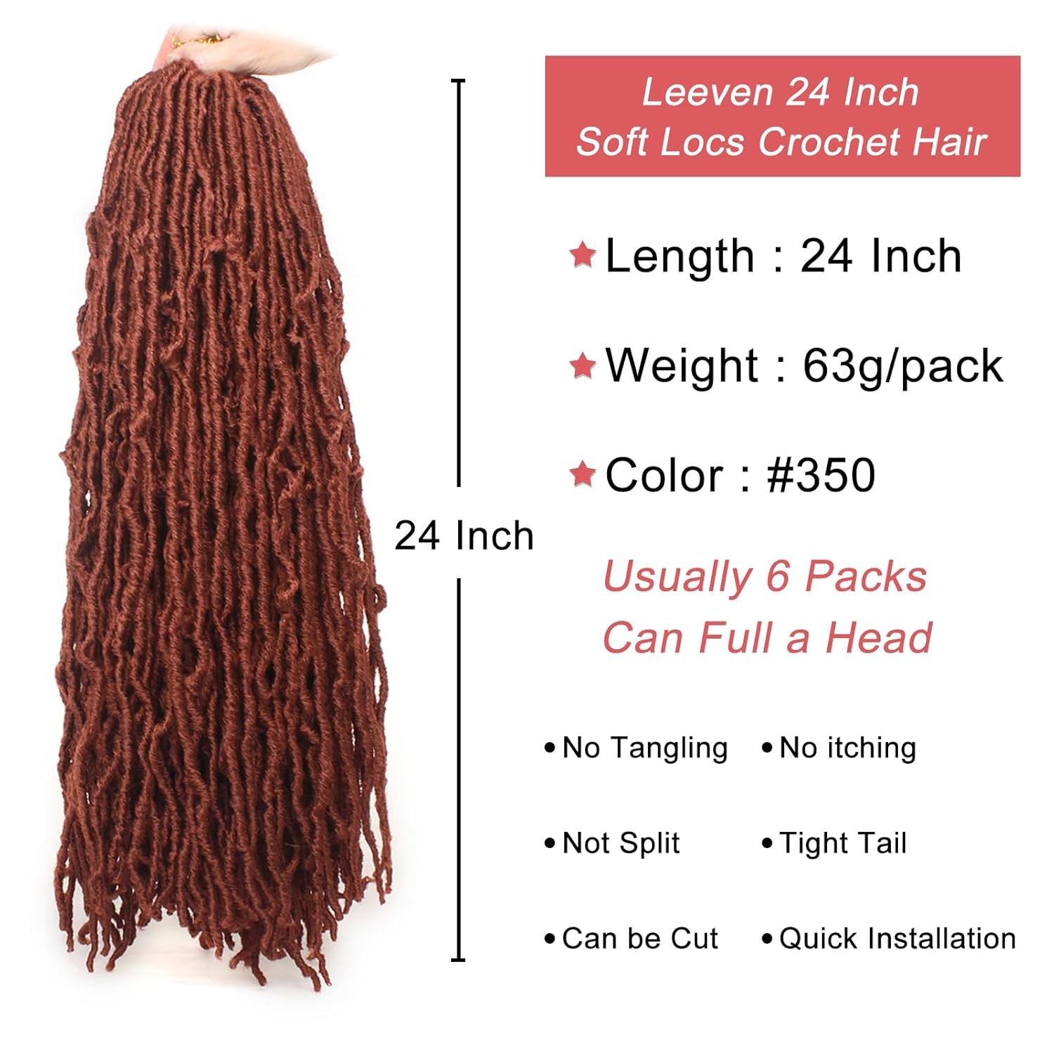 Leeven New Soft Locs 24 Inch Distressed Butterfly Faux Locs 6 Packs Copper Red B