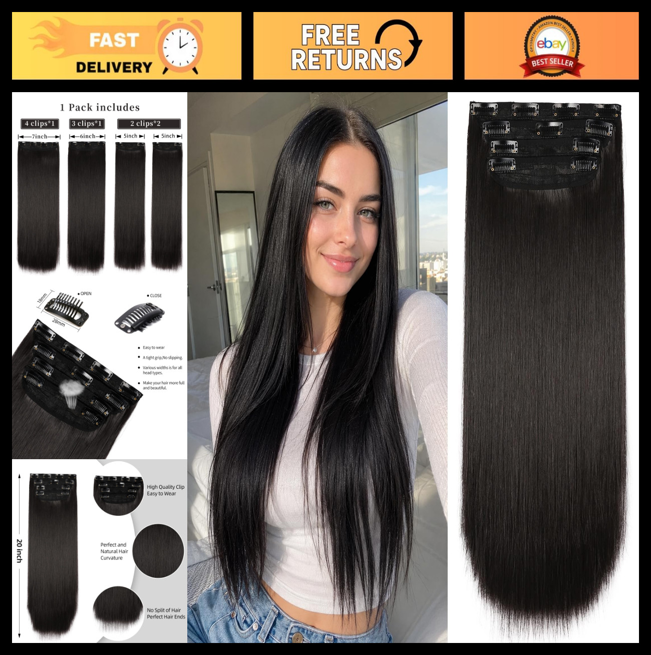 20″ Thick Clip-In Hair Extensions Dark Brown-Black Soft Straight 4pcs for Women
