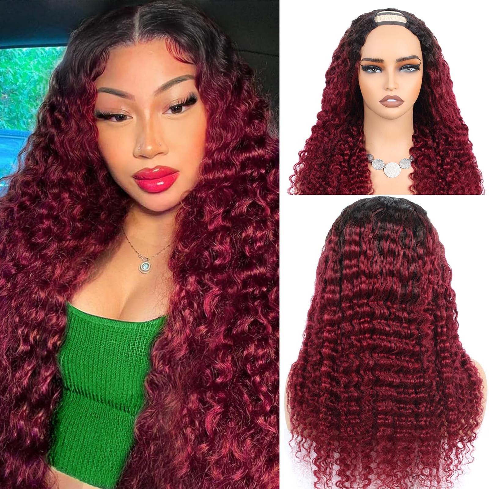 Royal Impression 1B/Burgundy U Part Human Hair Wig Deep Wave 22 Inch 200