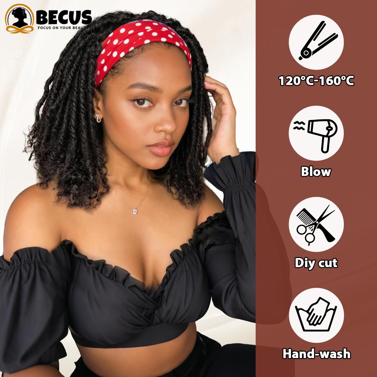 Becus 14 Dreadlock Headband Wig For Black Women Glueless Curly Braided Half Wig