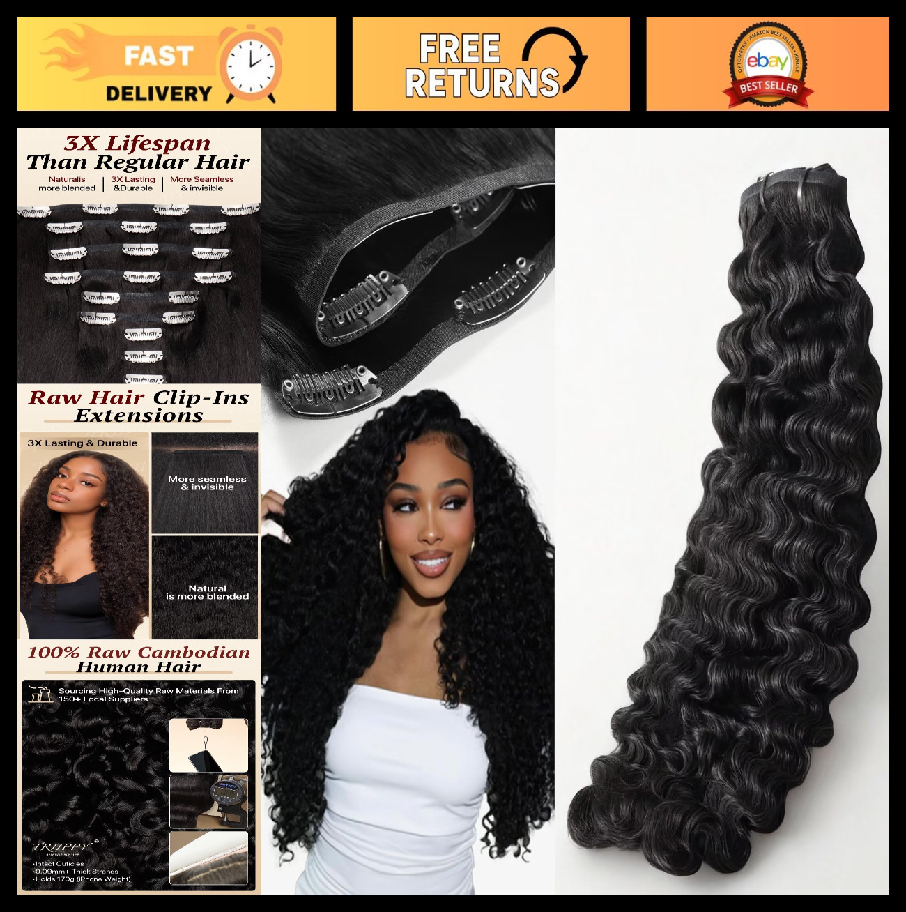 Seamless Clip-In Hair Extensions 135g 7pcs, 20″ Curly Real Human Hair, Natural C