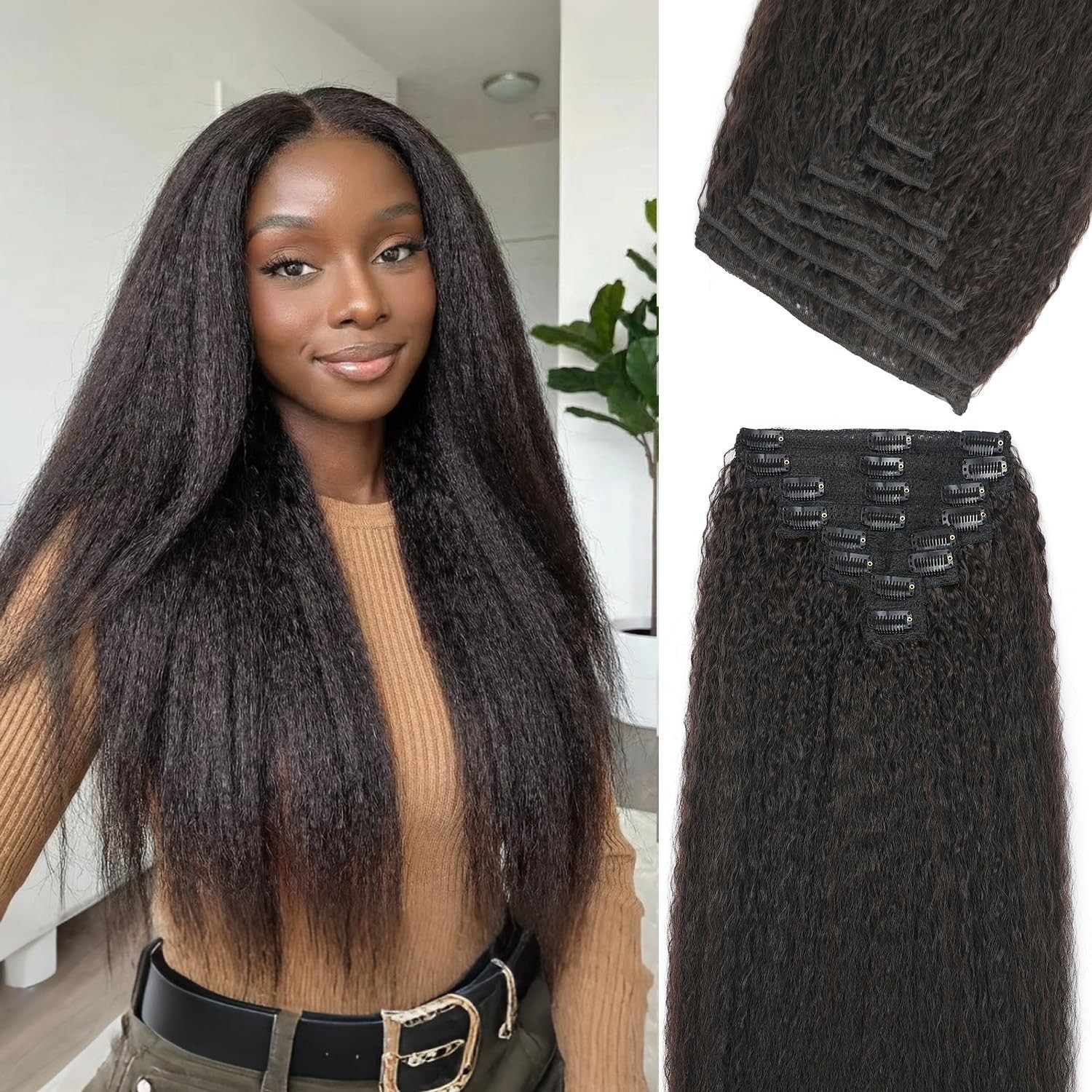 OLQZJZJ Kinky Straight Clip In Hair Extensions,24inch 200G 8pcs,100% Pure Protei