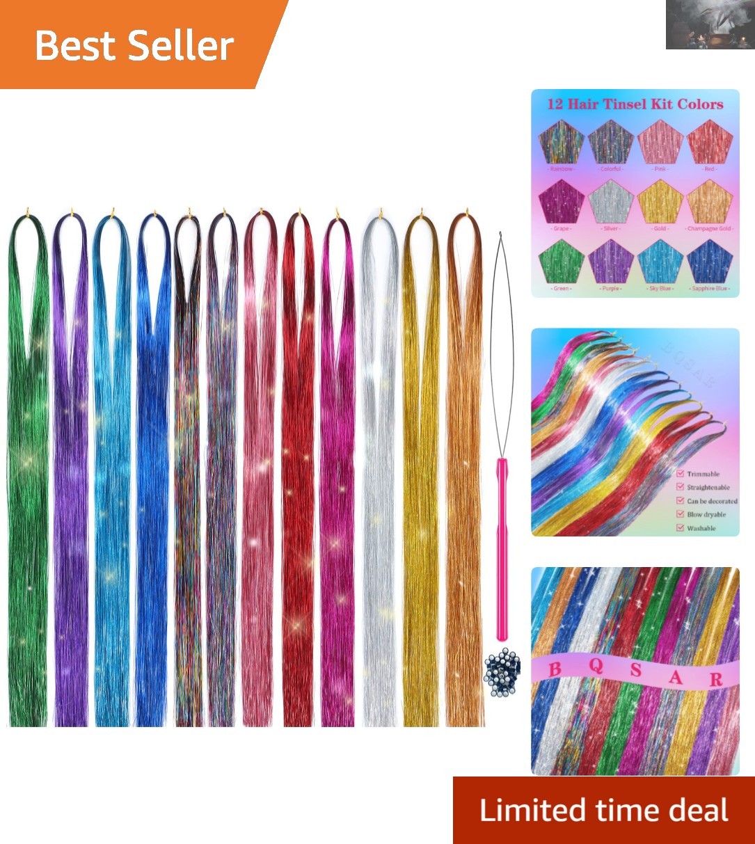 Glamorous 12-Color Hair Tinsel Kit – 47-Inch Sparkling Strands for Elegance