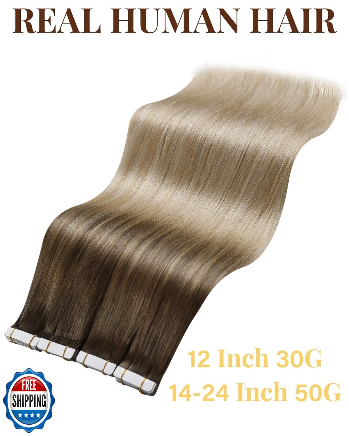 Hetto Tape in Hair Extensions Human Hair Ombre Light Brown to Ash Blonde with