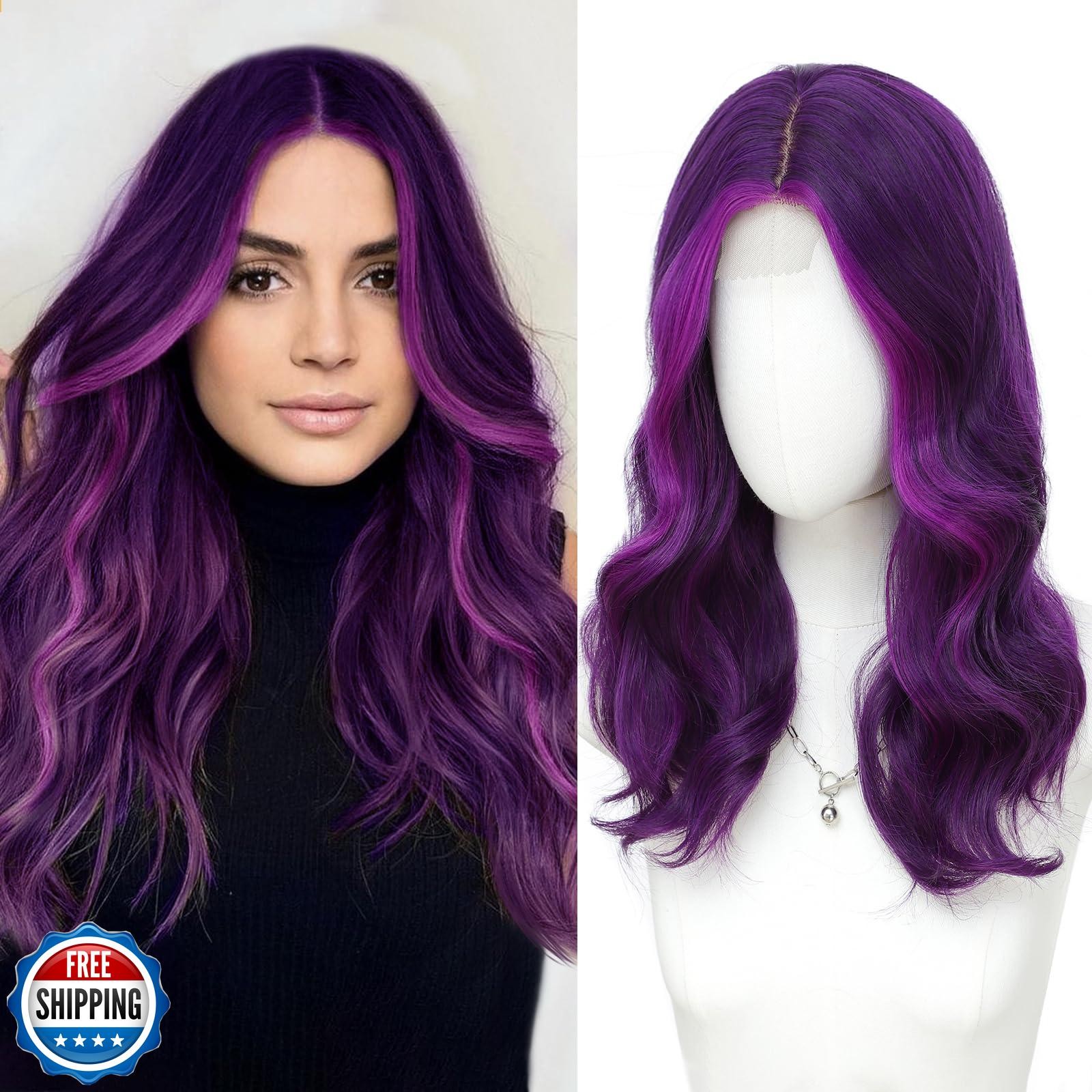 MORICA Purple Wigs for Women 18 Inch Middle Part Medium Length Short Curly Wa