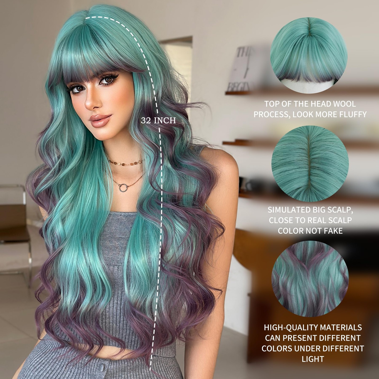 31in Turquoise Long Wavy Bangs Purple Highlight Wigs Mixed Light Green Ombre …