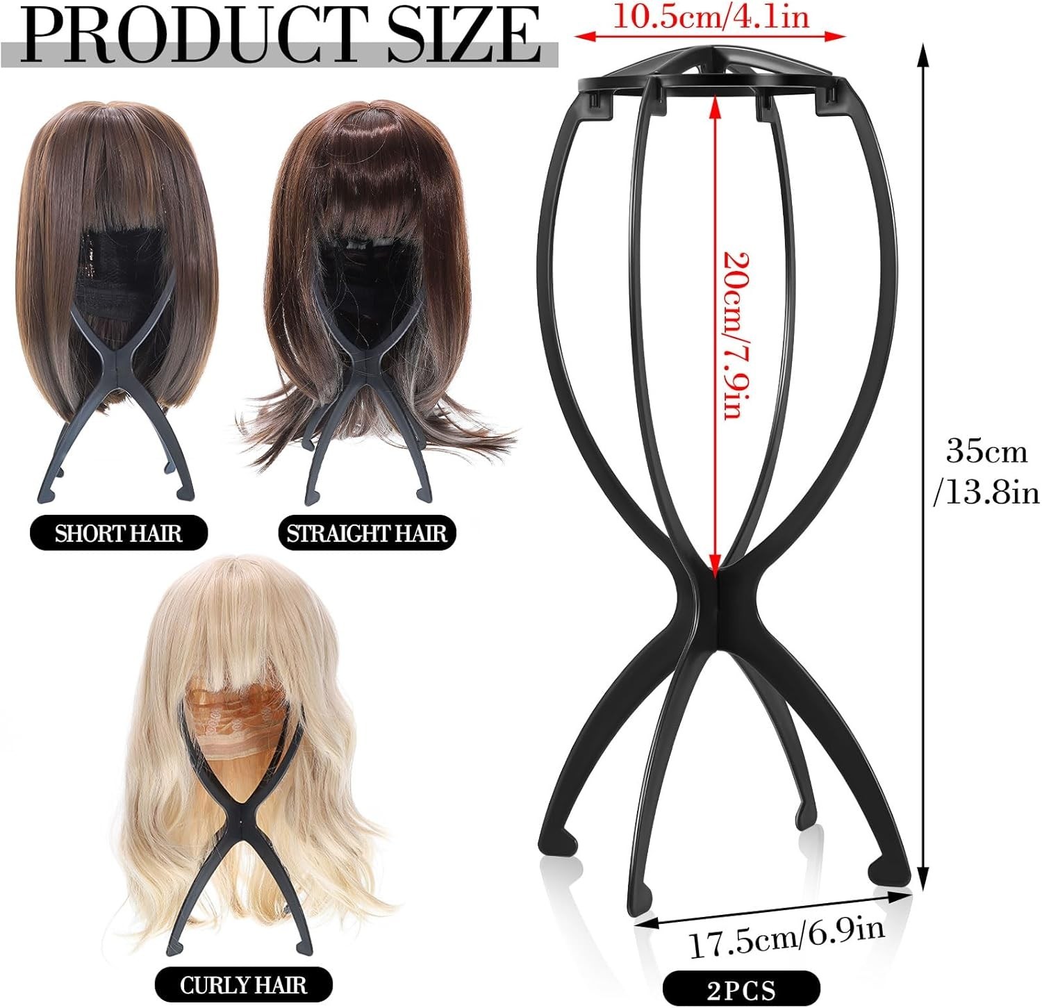 Durable 13.8″ Black Wig Holder – Compact Design for Wigs & Hats, Easy Assembly