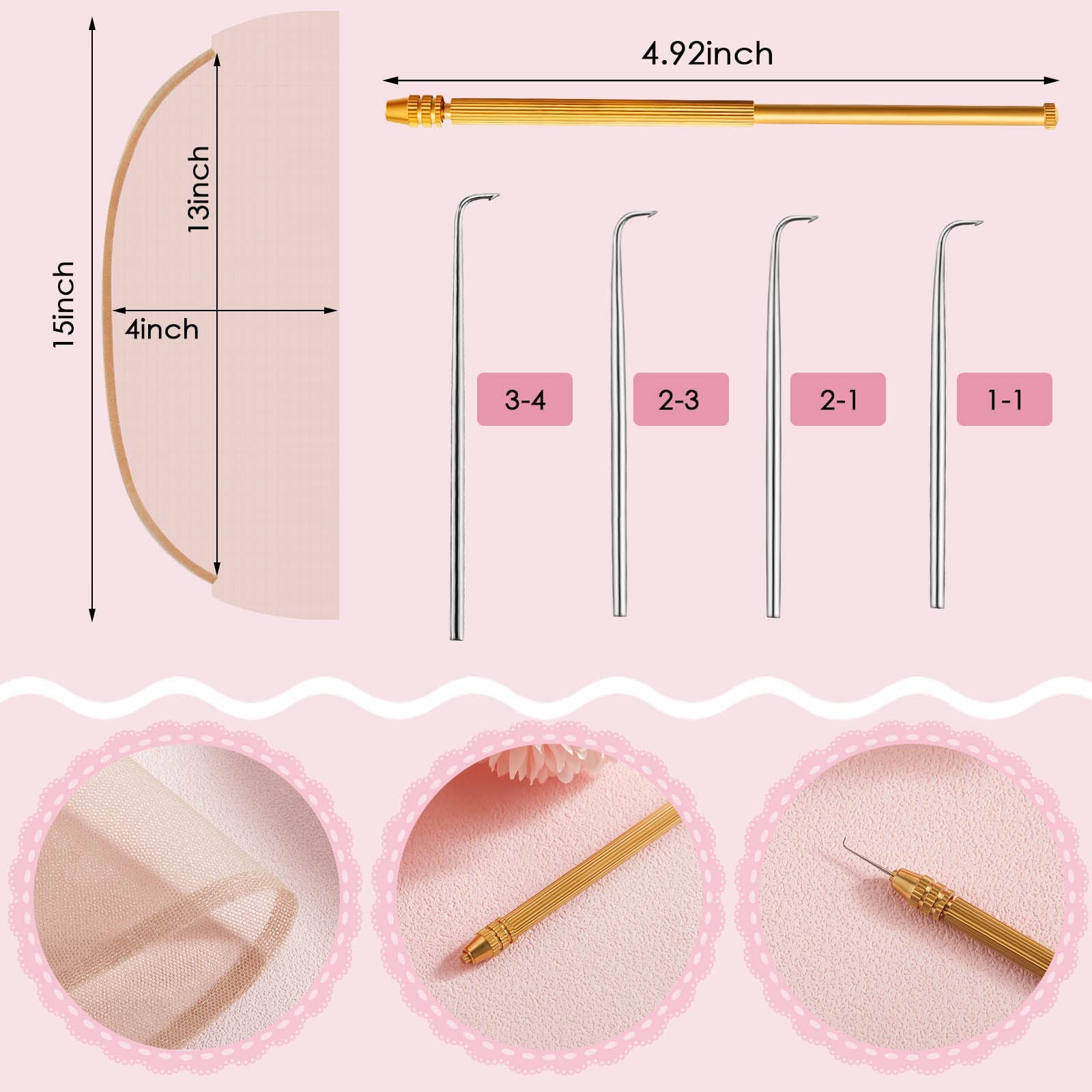 11 Pieces Wig Making Kit Including 6 Swiss Lace Net and Brass Ventilating Hol…