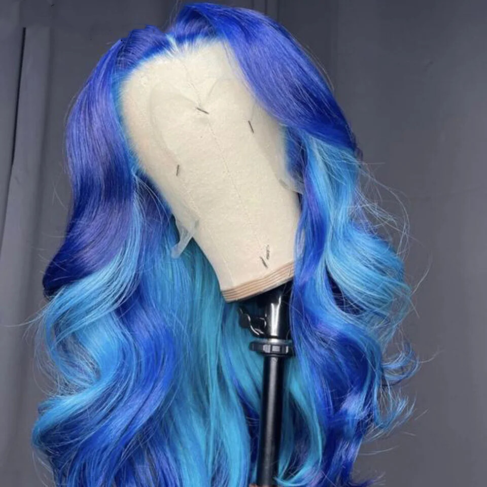Body Wave Blue Highlight Lace Front Human Hair Wigs 180% Density Brazilian Hair
