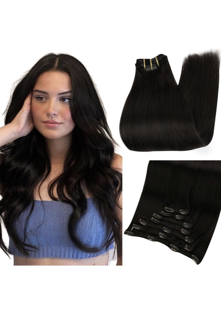 New Full Shine Black Clip in Hair Extension 10” Human Hair Natural Black 7pc