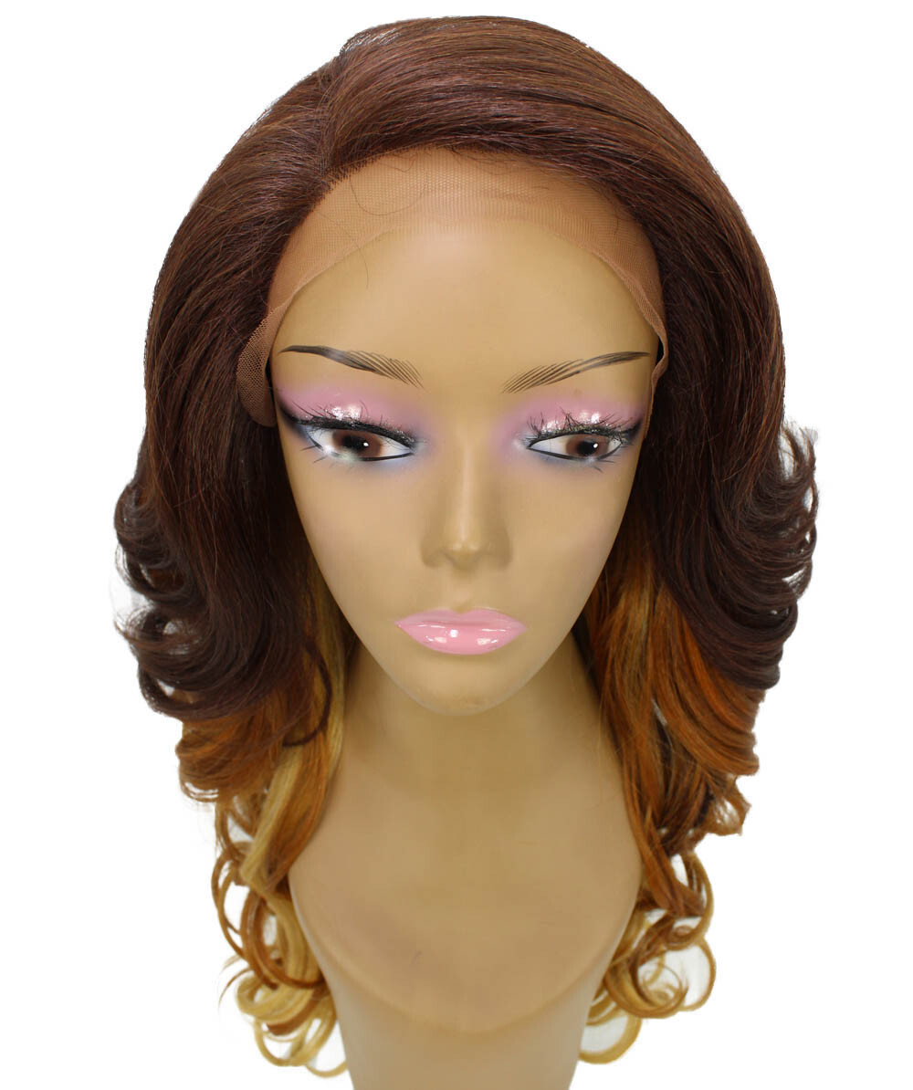 Wavy 24.5 in 13×2.5 Hand Tied Lace Front Wig, Medium Brown over Blonde