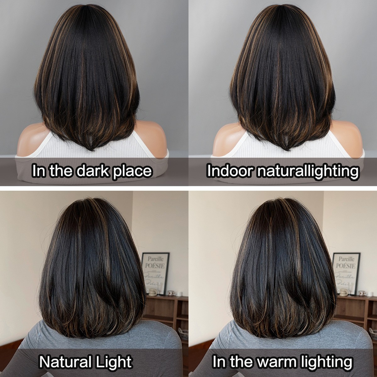 Bob Wig Shoulder Length Black Blonde Highlight Layered Full Head Straight Hair