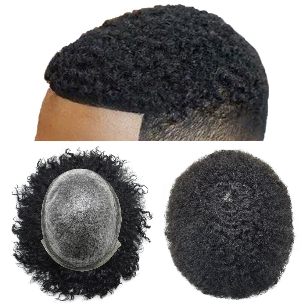 Afro Toupee for Black Men Full Poly Afro Wave Hair Units Human Hair PU System US