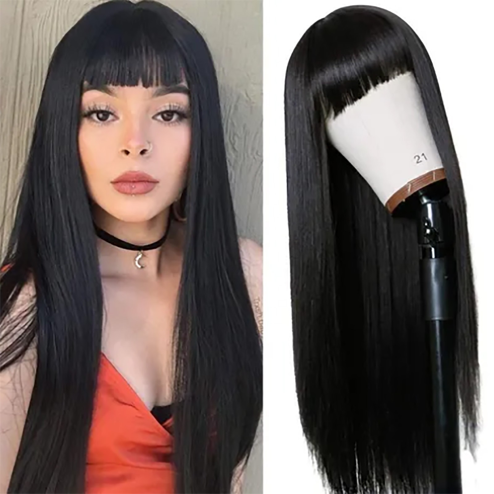 Long Black Wig With Bangs Stylish Synthetic Hair For Women