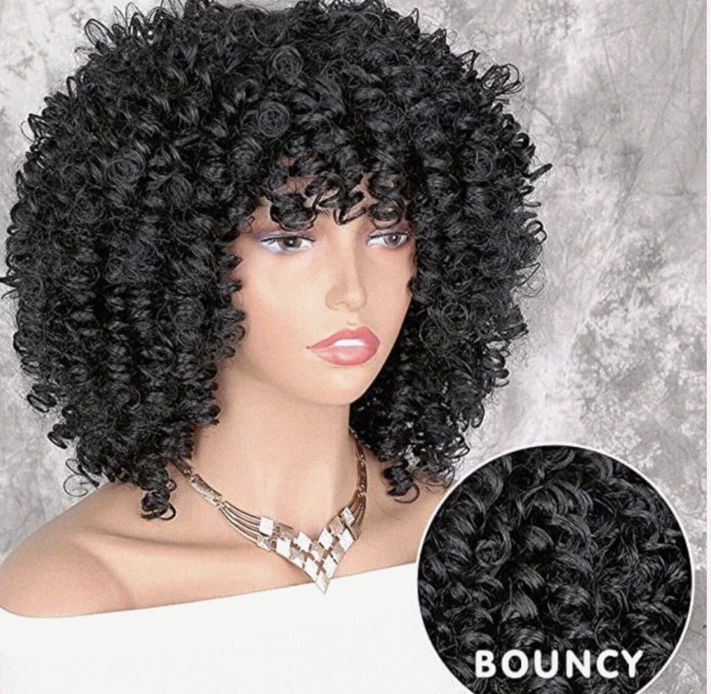 AISI HAIR Curly Afro Wig with Bangs Shoulder Length Wig Curly Black Synthetic