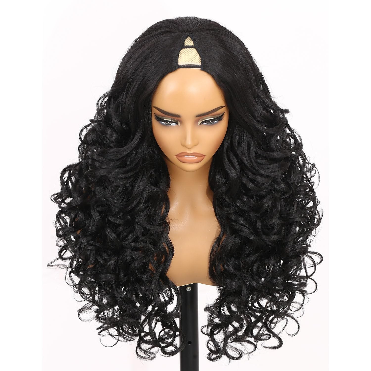 Synthetic V Part Wig Long Curly Black Yaki Half Wigs 26 Inch Curly Natural Black
