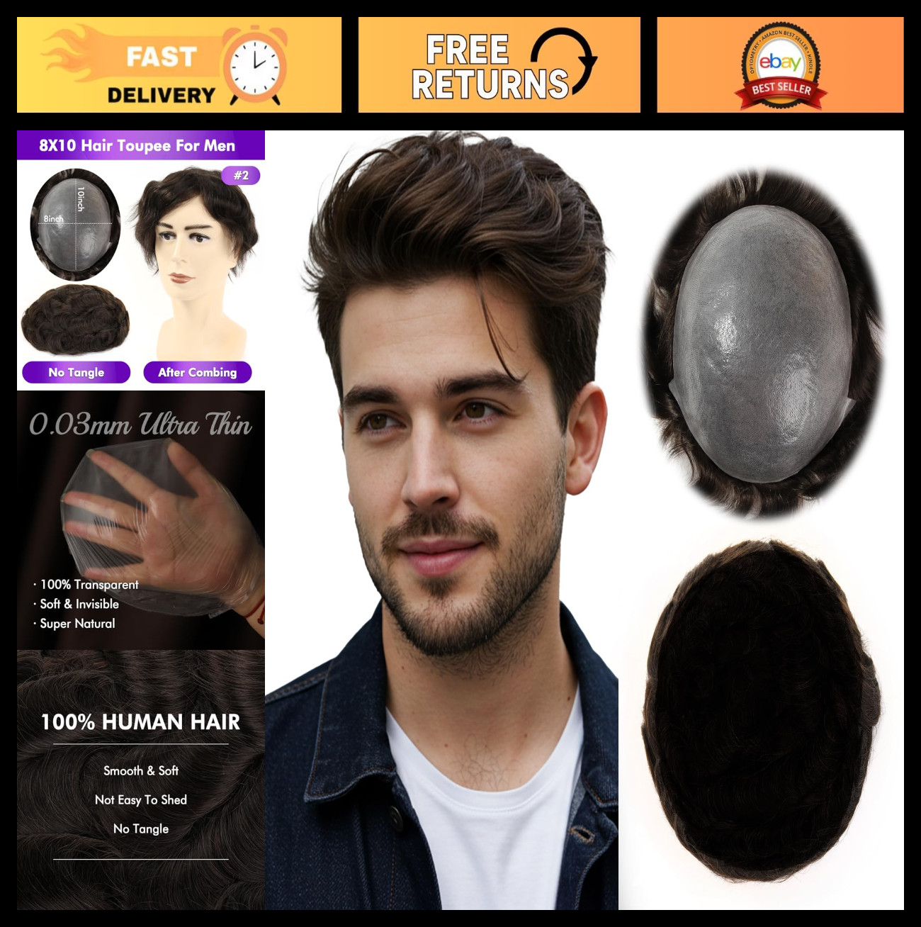 8×10 Inch PU Thin Skin Toupee for Men – 0.03mm Human Hair Replacement System, Na