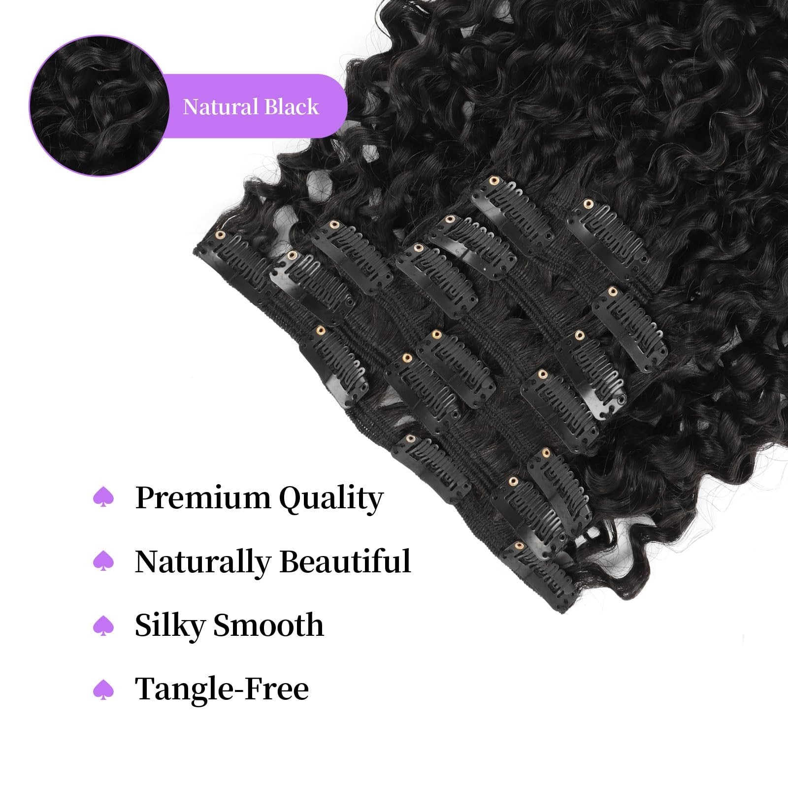 Curly Clip-In Hair Extensions – 22″ Natural Black, Thick & Soft, 120g, 7Pcs