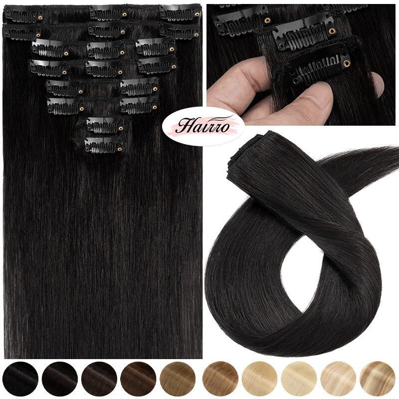 Clip In Russian Remy Real Human Hair Extensions Full Head Weft 8PCS 18Clip Black