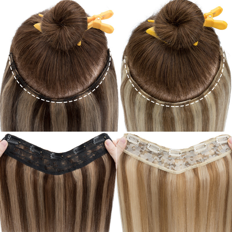 V-Shape Clip In Human Hair Extensions One Piece Weft 3/4 Full Head Thick 16″-20″