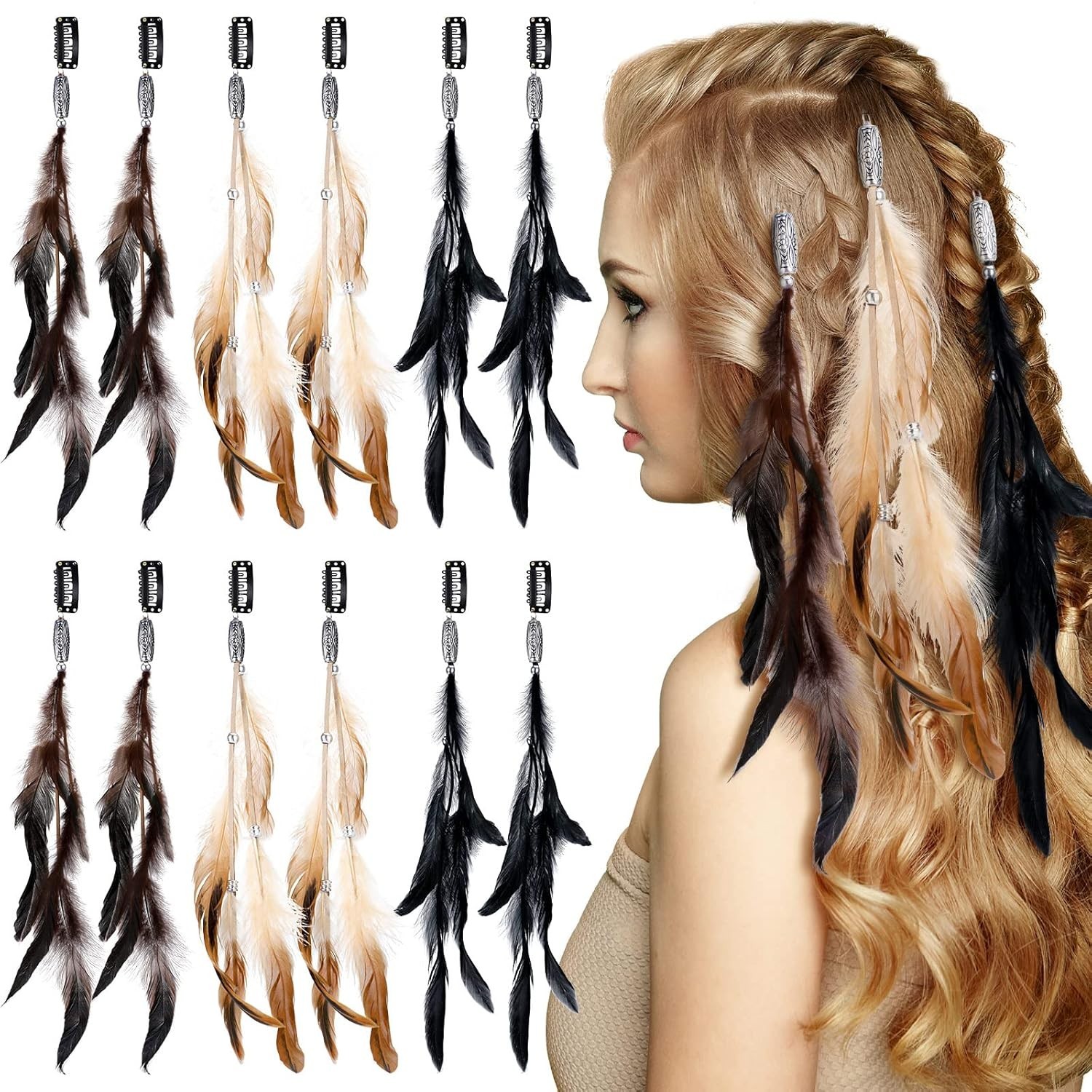 12 Pcs Feather Hair Extensions Colored Clip in Brown, Black, Dark Coffee