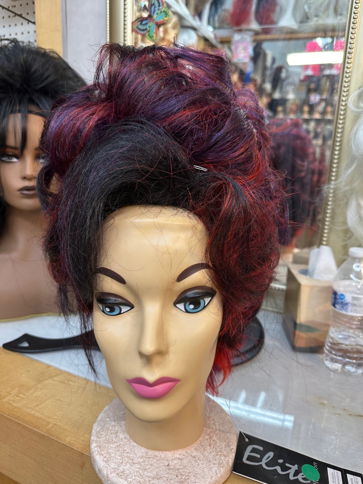 Vegas girl wigs updo party color great for Hallowen purple red black