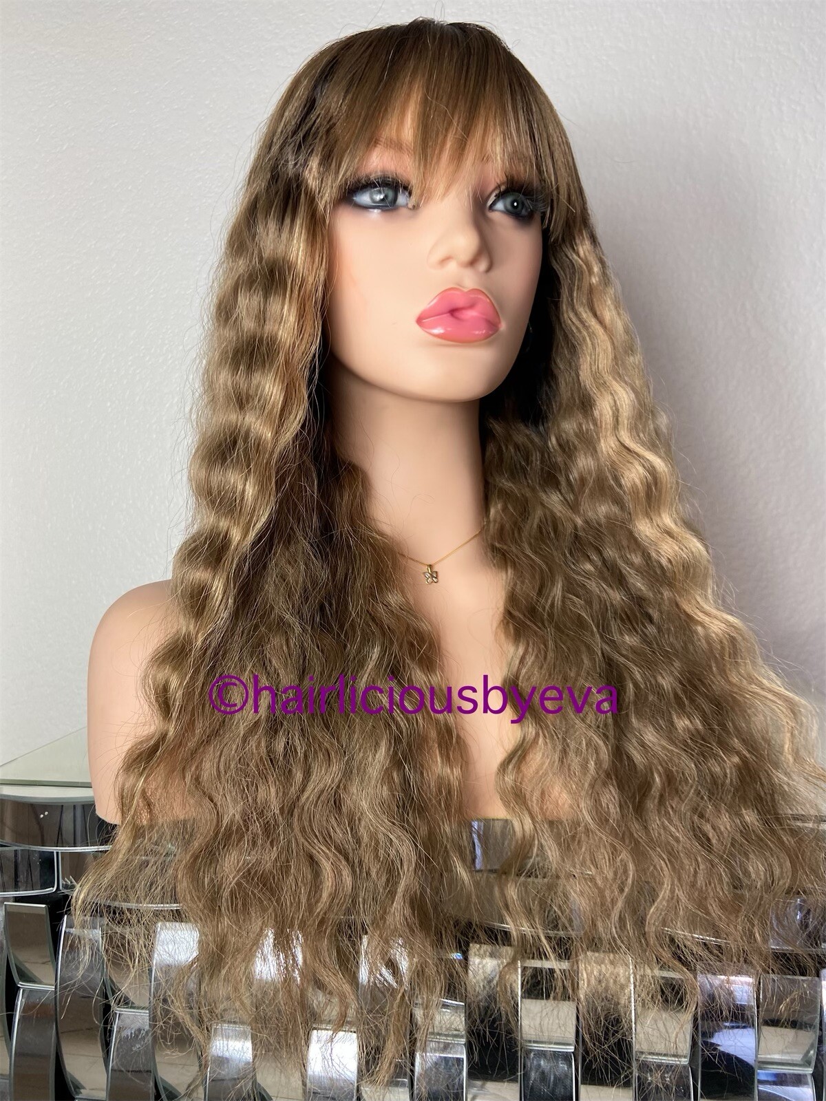 Honey Golden Blonde Wig Darker Brown Roots With Bangs Ombré 22 Inch Long Heat Ok