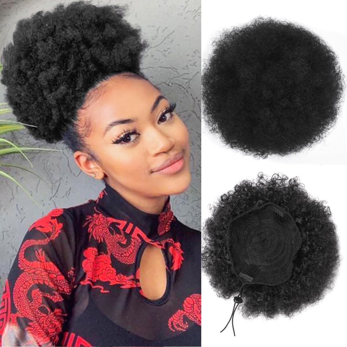 HEVAYO KISS Afro Puff Drawstring 8 Inch(Pack of 1), #1B Natural Black