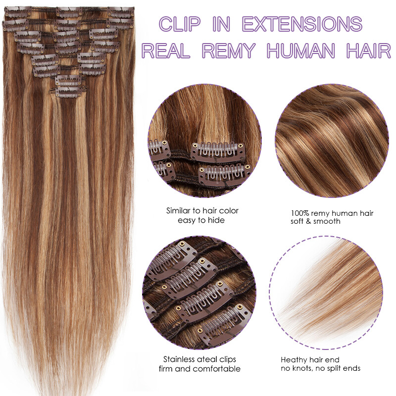 Real Remy Hair Clip In 100% Human Hair Extensions 8Pieces with 18Clips Full Head