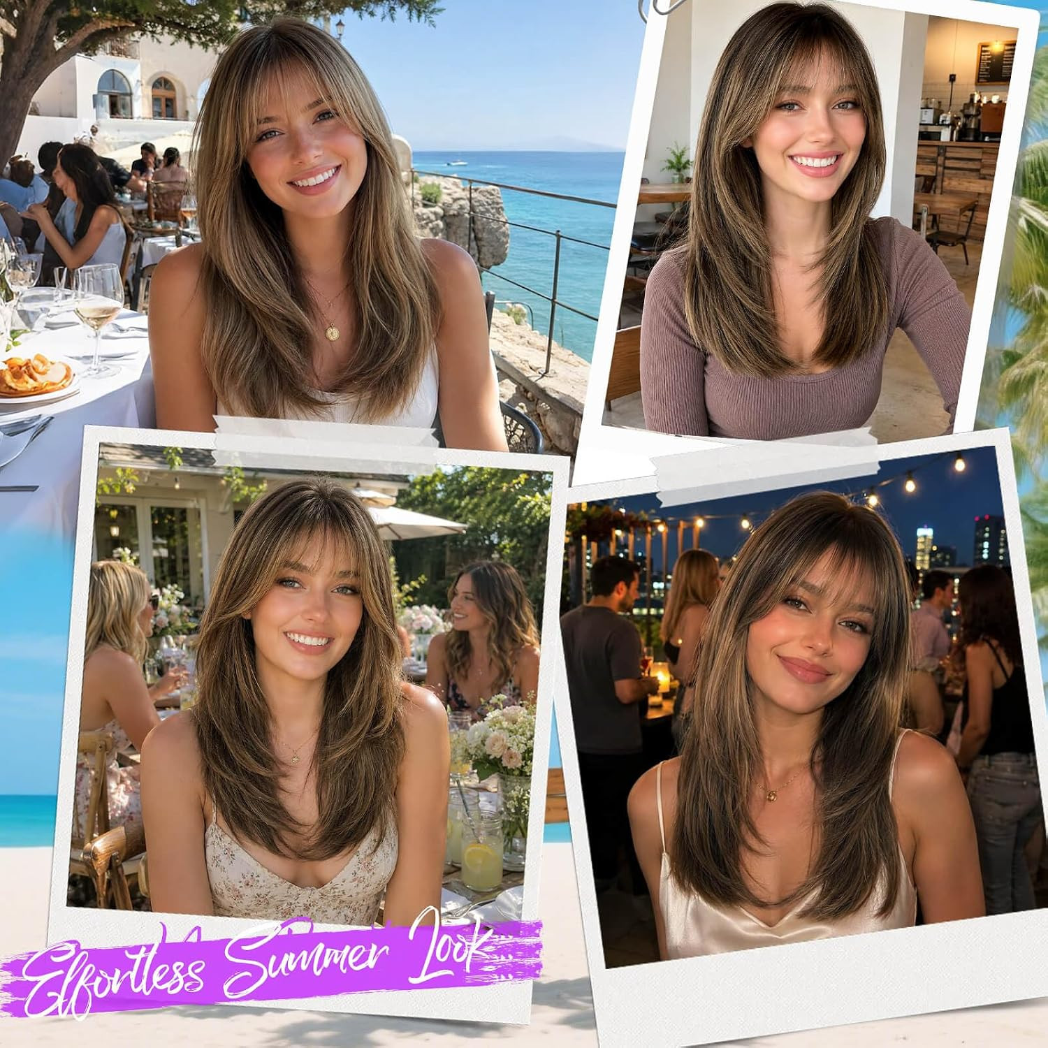 Wig with Bangs for Women Brown Blonde Highlight Straight Face-Framing Layers Hai