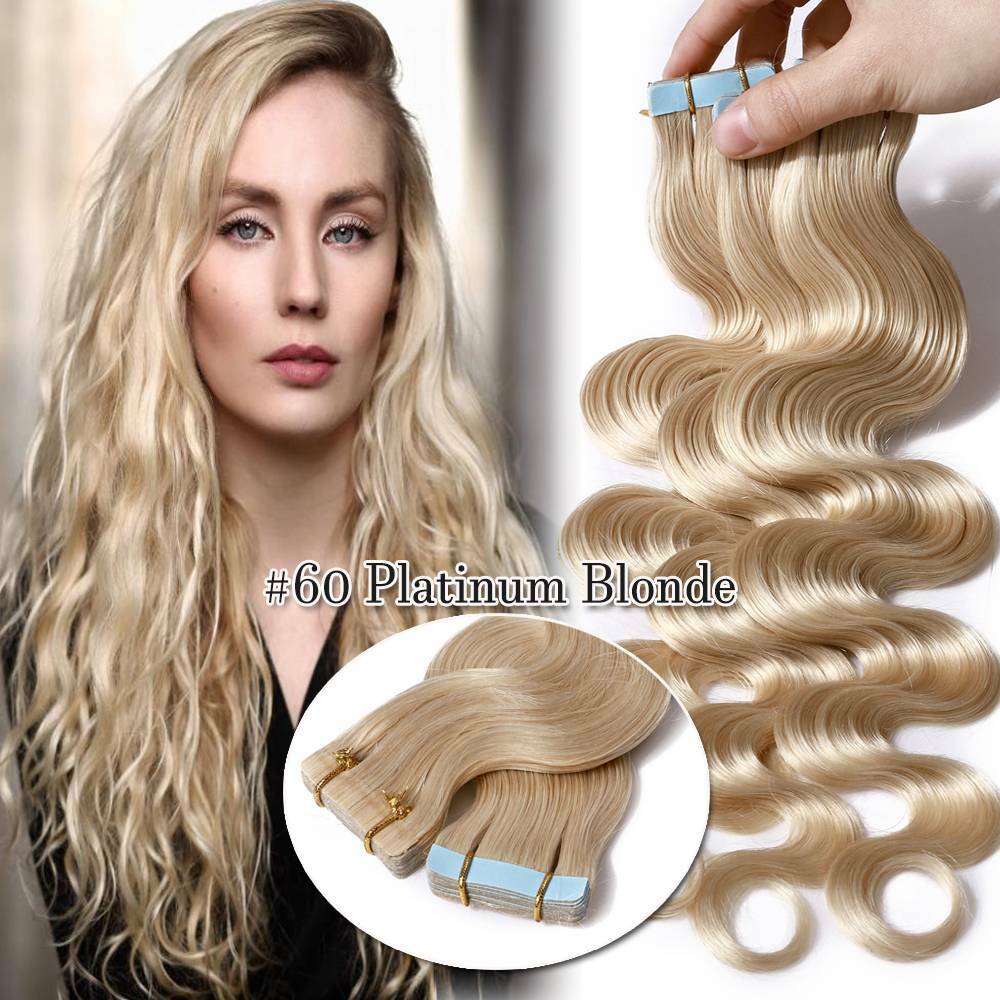 Soft Tape in Skin Weft Remy Human Hair Extensions Full Head Wavy Highlight 10pcs