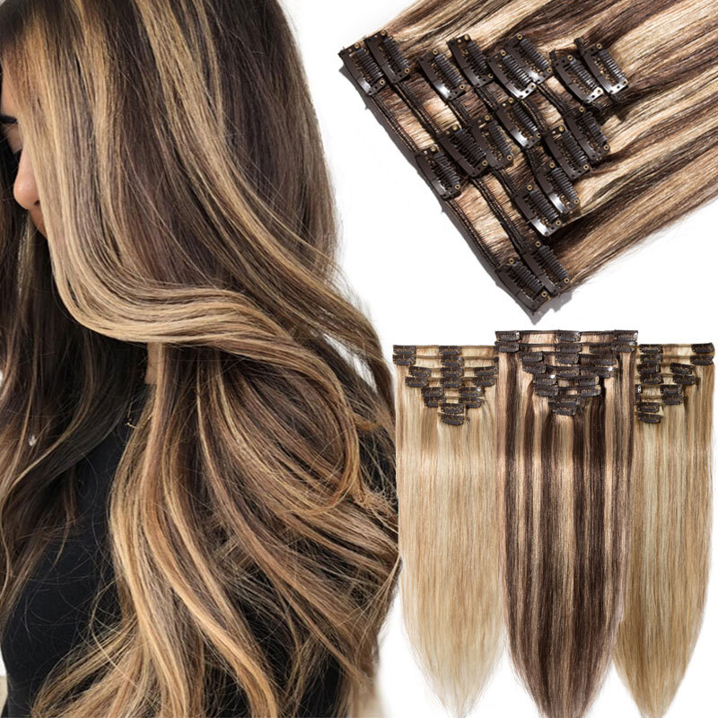 Double Weft Clip in 100 Real Remy Human Hair Extensions Full Head Balayage Ombre