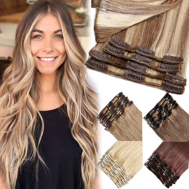 16″ 18″ 20″ 22″ Clip In Real Remy Human Hair Extensions Full Head Highlight US