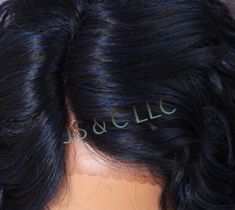 Human Hair Blend Full Lace Front wig Long Curly Blue Black Mix Heat OK DOM