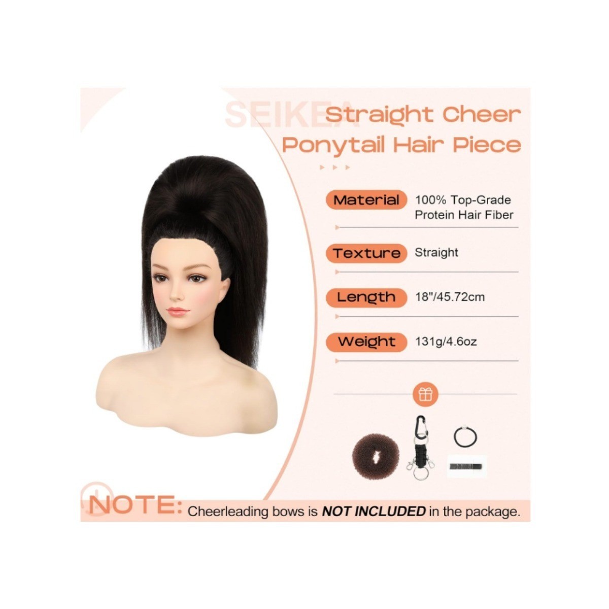 SEIKEA 18in Straight Cheer Ponytail Hair Piece Brown Extension Dance Pom